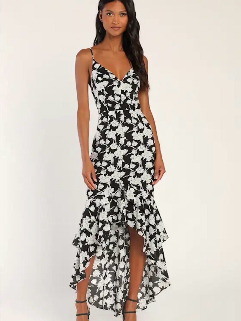 Lulu's Black & White Floral High-Low Slip Dress NWT